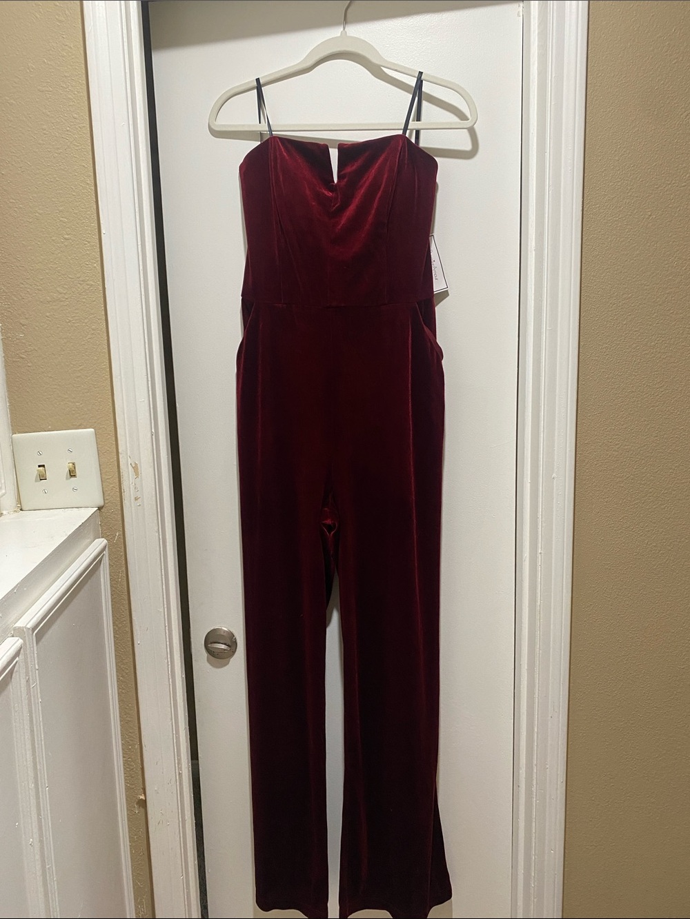 Velvet Spaghetti-Strap Burgundy Jumpsuit
